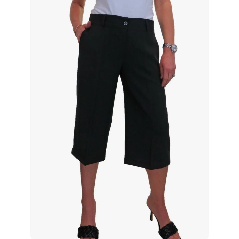 Nina Leonard High Waist Flat Front Pockets Womens  Black Smart Coulottes Size 16